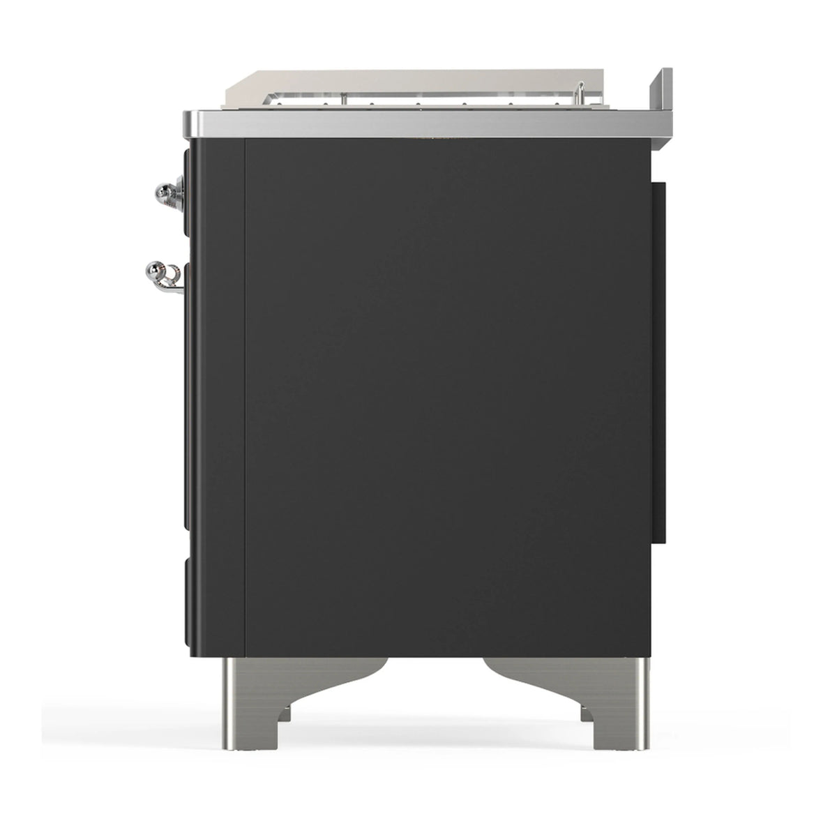 Dual fuel range opposite side panel view in graphite matte with chrome-trim corners