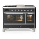 ILVE Majestic III 48-inch Dual Fuel Range with 5 Liquid Propane Burner, Griddle, French Top and Triple Glass Door Electric Oven in Graphite Matte with Chrome Trim (UM48FSNR3MGCLP)