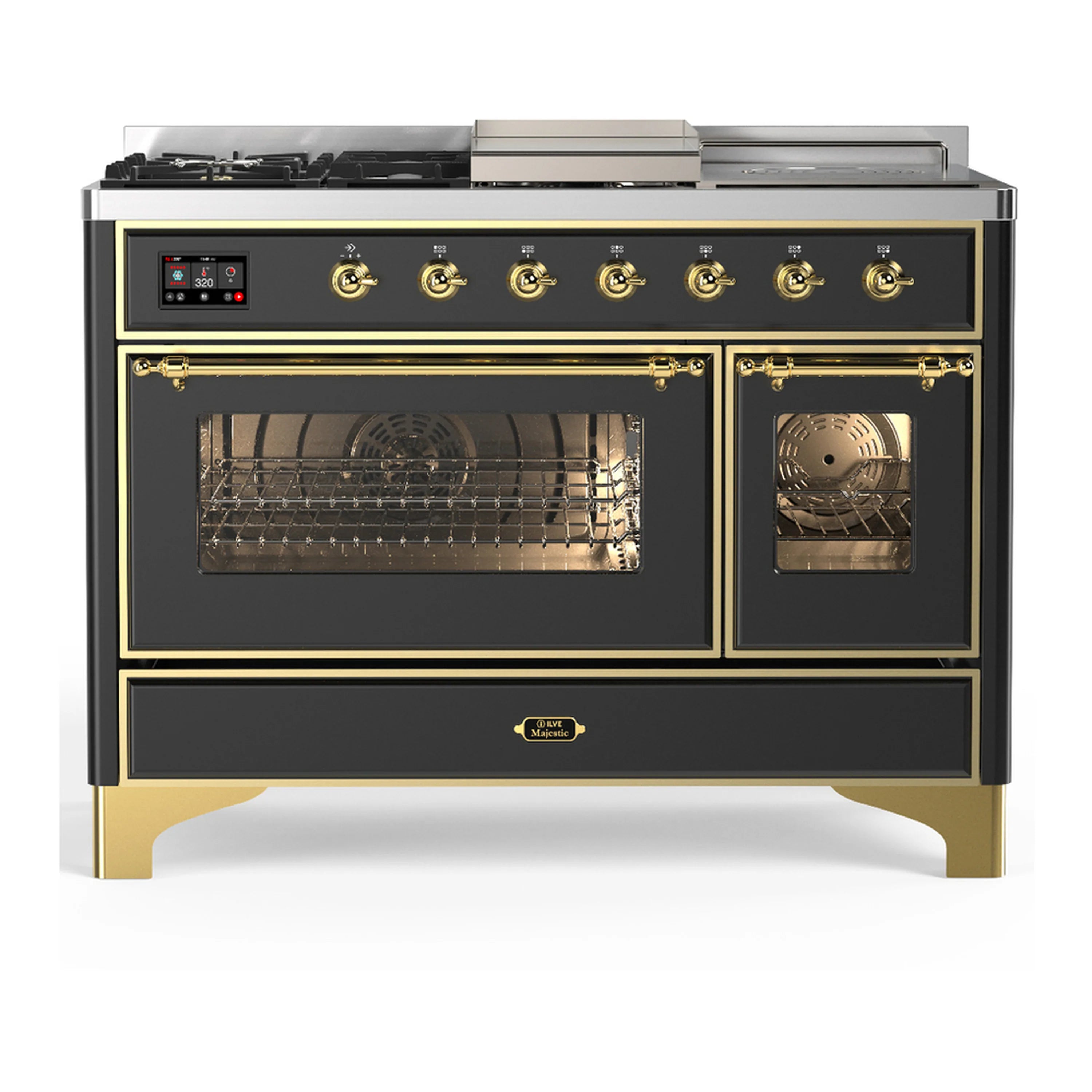 Graphite dual fuel range with brass control knobs and triple-glass oven doors, front view