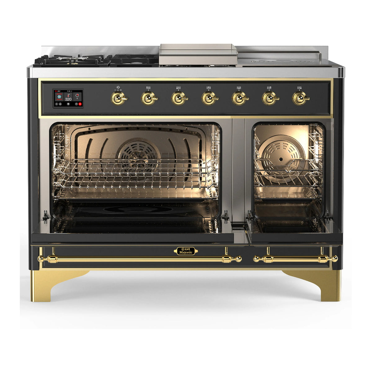 Dual fuel range with open ovens showing racks and fans, brass-trimmed front