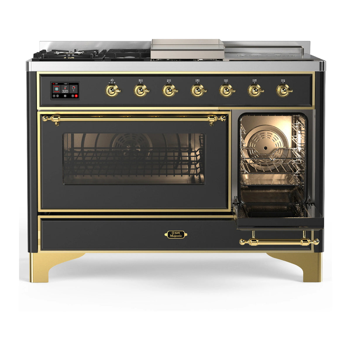Dual fuel range with right oven open behind triple-glass door, brass-trimmed front