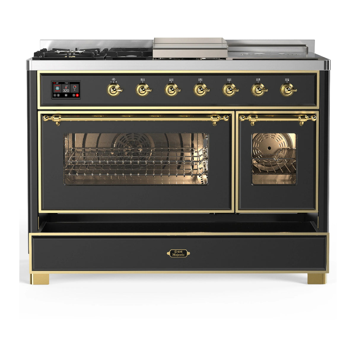 Dual fuel range with closed triple-glass oven doors and brass knobs, full front view