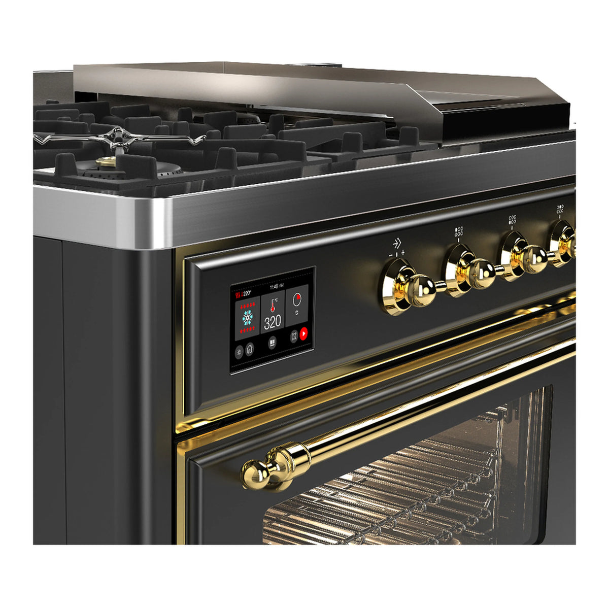 Close-up of graphite control panel with brass knobs and oven interior racks