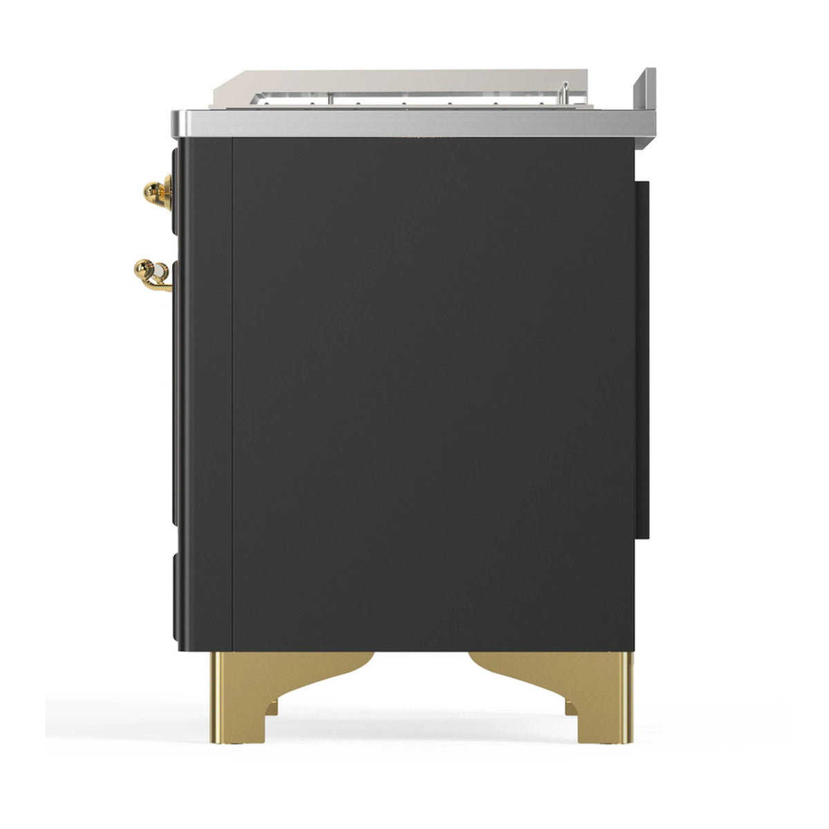 Graphite dual fuel range end panel with brass feet and small side handle
