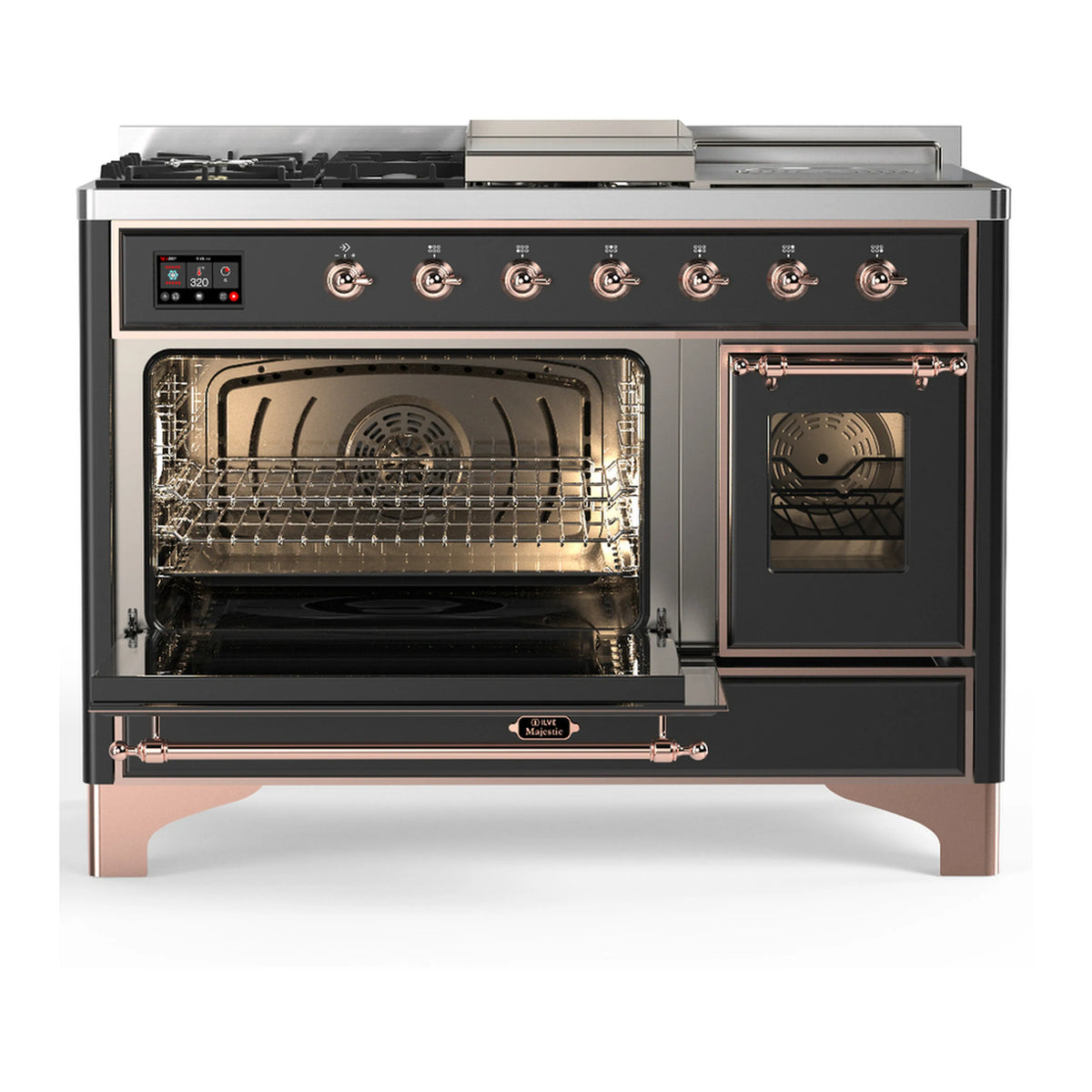 Dual fuel range with one oven door open, visible rack and fan, graphite matte and copper trim