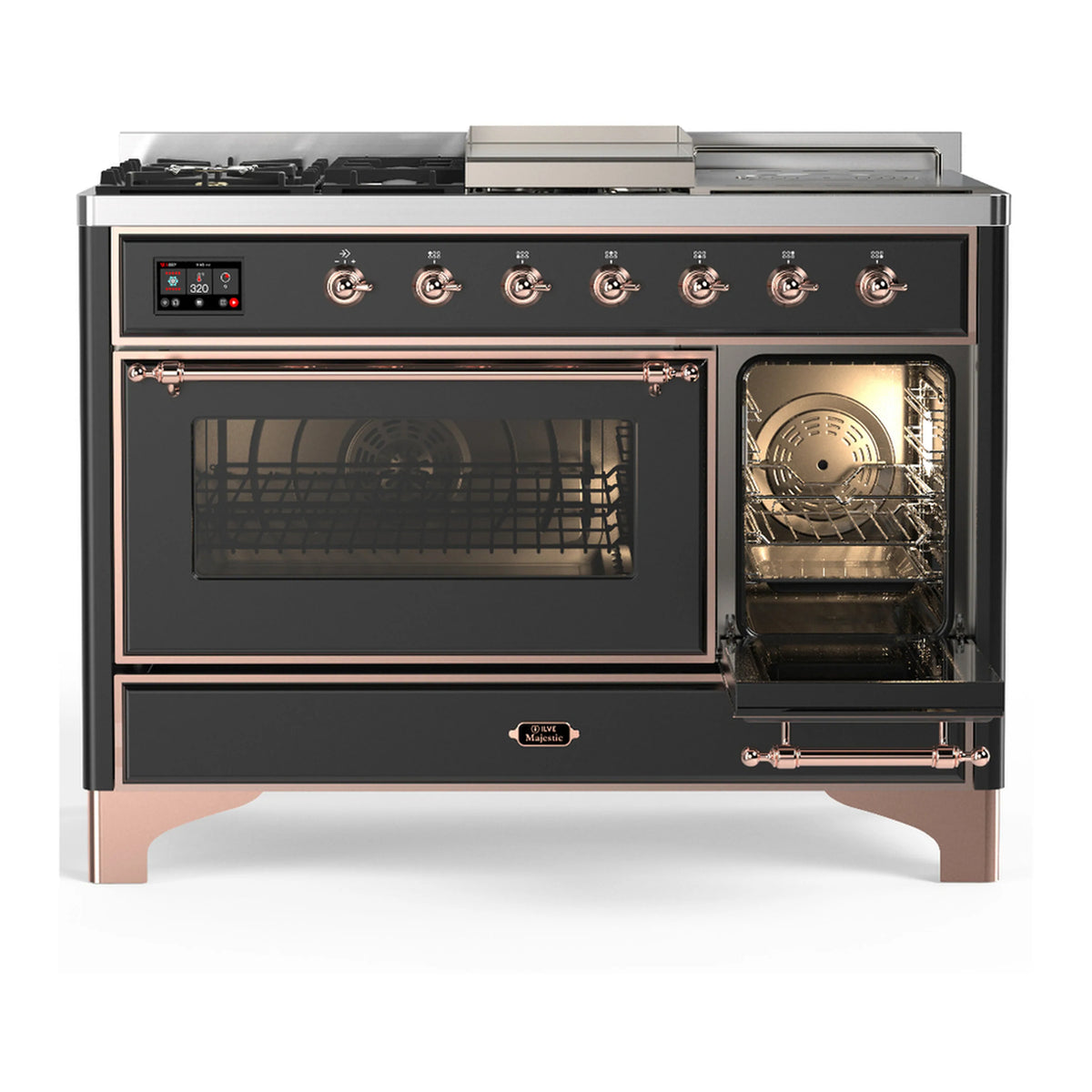 Graphite dual fuel range with copper trim, left oven door open and right oven door open