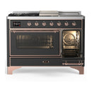 ILVE Majestic III 48-inch Dual Fuel Range with 5 Liquid Propane Burner, Griddle, French Top and Triple Glass Door Electric Oven in Graphite Matte with Copper Trim (UM48FSNR3MGPLP)