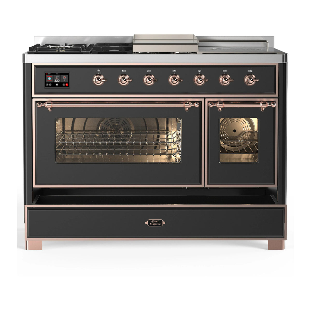 Dual fuel range front view with graphite matte finish, copper trim handles, and closed oven doors