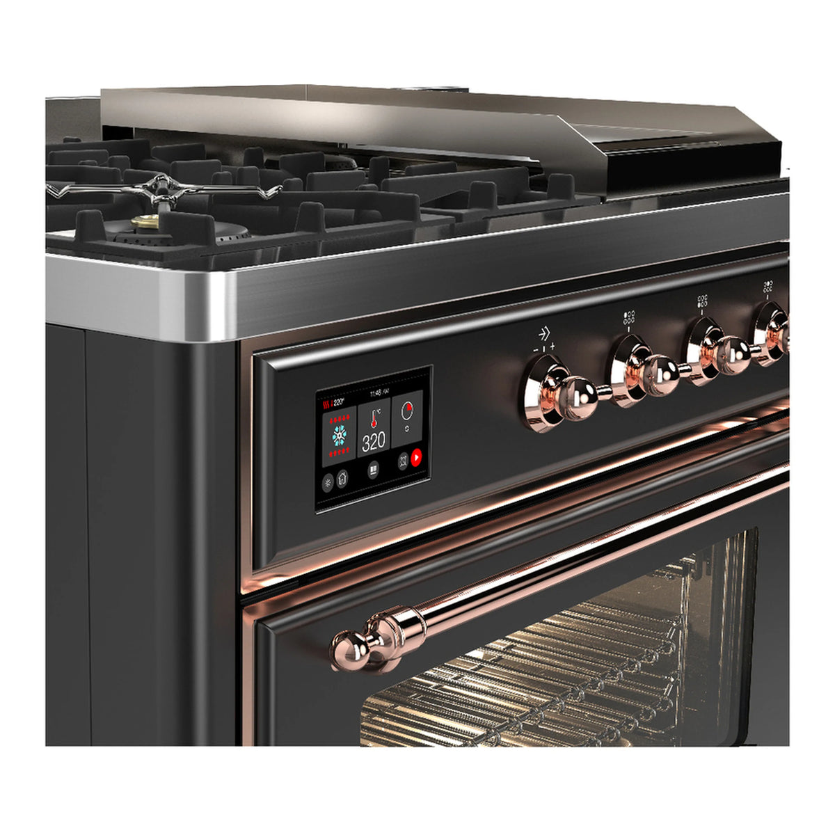 Graphite side view of dual fuel range with copper control knobs and oven window