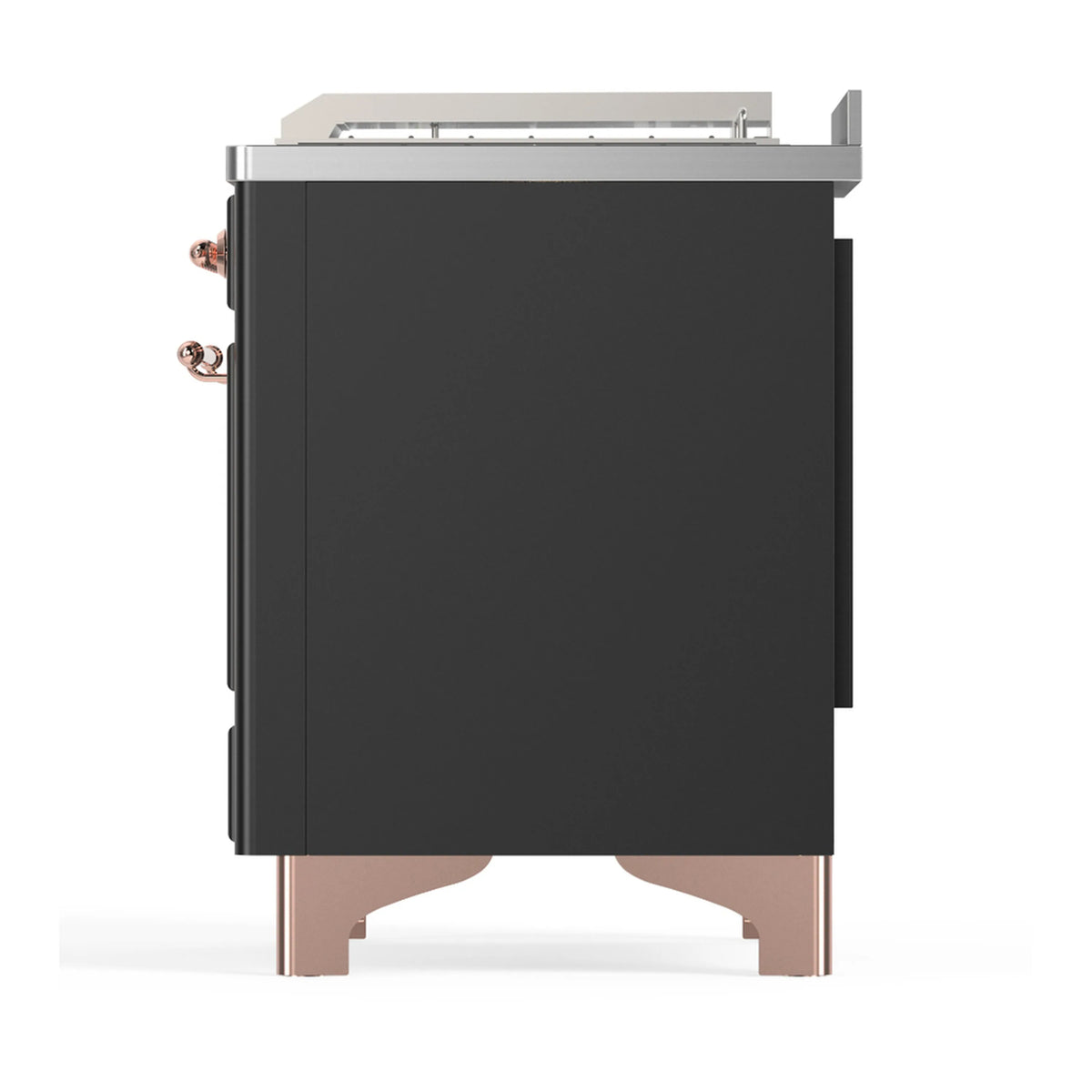 Graphite dual fuel range side view with copper handles and feet, front edge visible