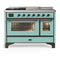 ILVE Majestic III 48-inch Dual Fuel Range with 5 Natural Gas Burner, Griddle, French Top and Triple Glass Door Electric Oven in Mediterranean Mint with Burnished Trim (UM48FSNR3MMB)