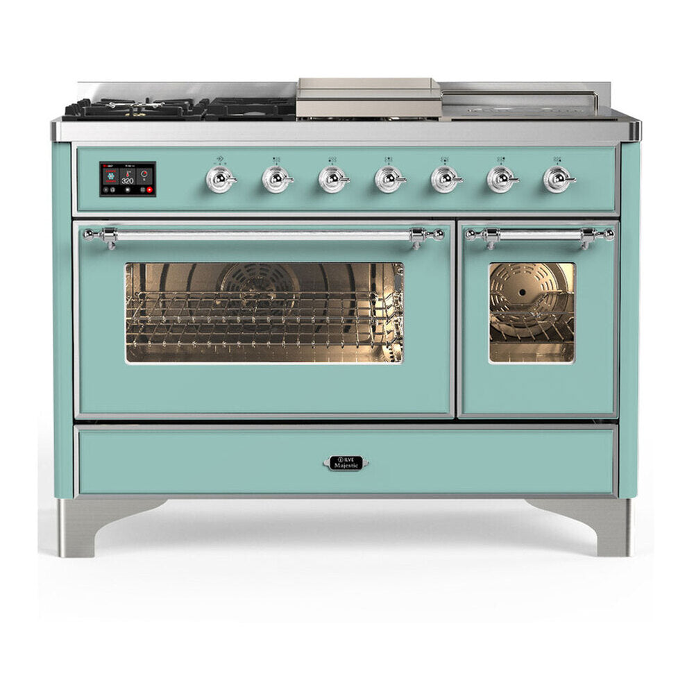 ILVE Majestic III 48-inch Dual Fuel Range with 5 Natural Gas Burner, Griddle, French Top and Triple Glass Door Electric Oven in Mediterranean Mint with Chrome Trim (UM48FSNR3MMC)