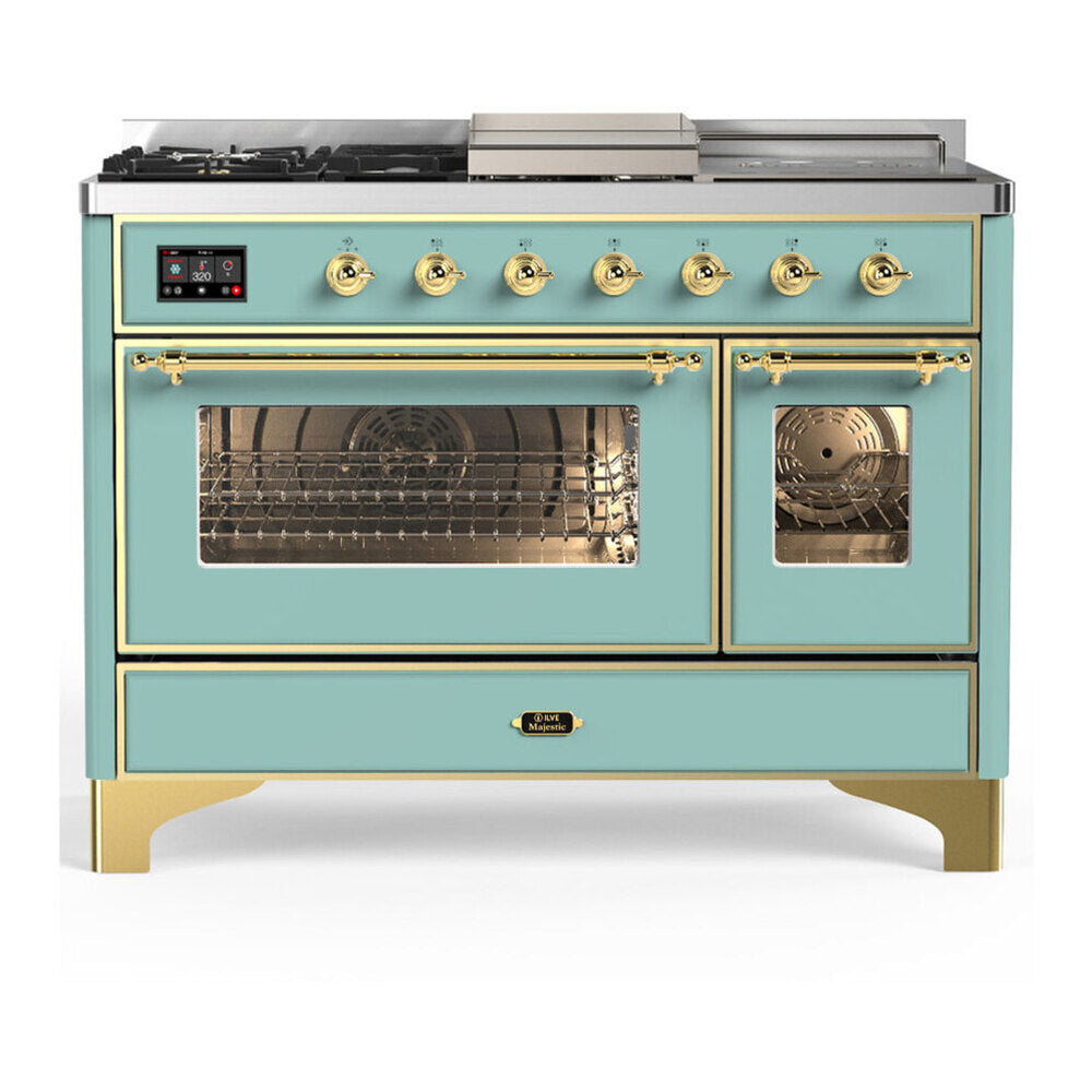 ILVE Majestic III 48-inch Dual Fuel Range with 5 Liquid Propane Burner, Griddle, French Top and Triple Glass Door Electric Oven in Mediterranean Mint with Brass Trim (UM48FSNR3MMGLP)