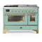 ILVE Majestic III 48-inch Dual Fuel Range with 5 Liquid Propane Burner, Griddle, French Top and Triple Glass Door Electric Oven in Mediterranean Mint with Brass Trim (UM48FSNR3MMGLP)
