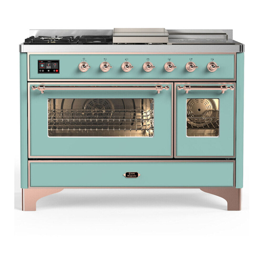 ILVE Majestic III 48-inch Dual Fuel Range with 5 Liquid Propane Burner, Griddle, French Top and Triple Glass Door Electric Oven in Mediterranean Mint with Copper Trim (UM48FSNR3MMPLP)