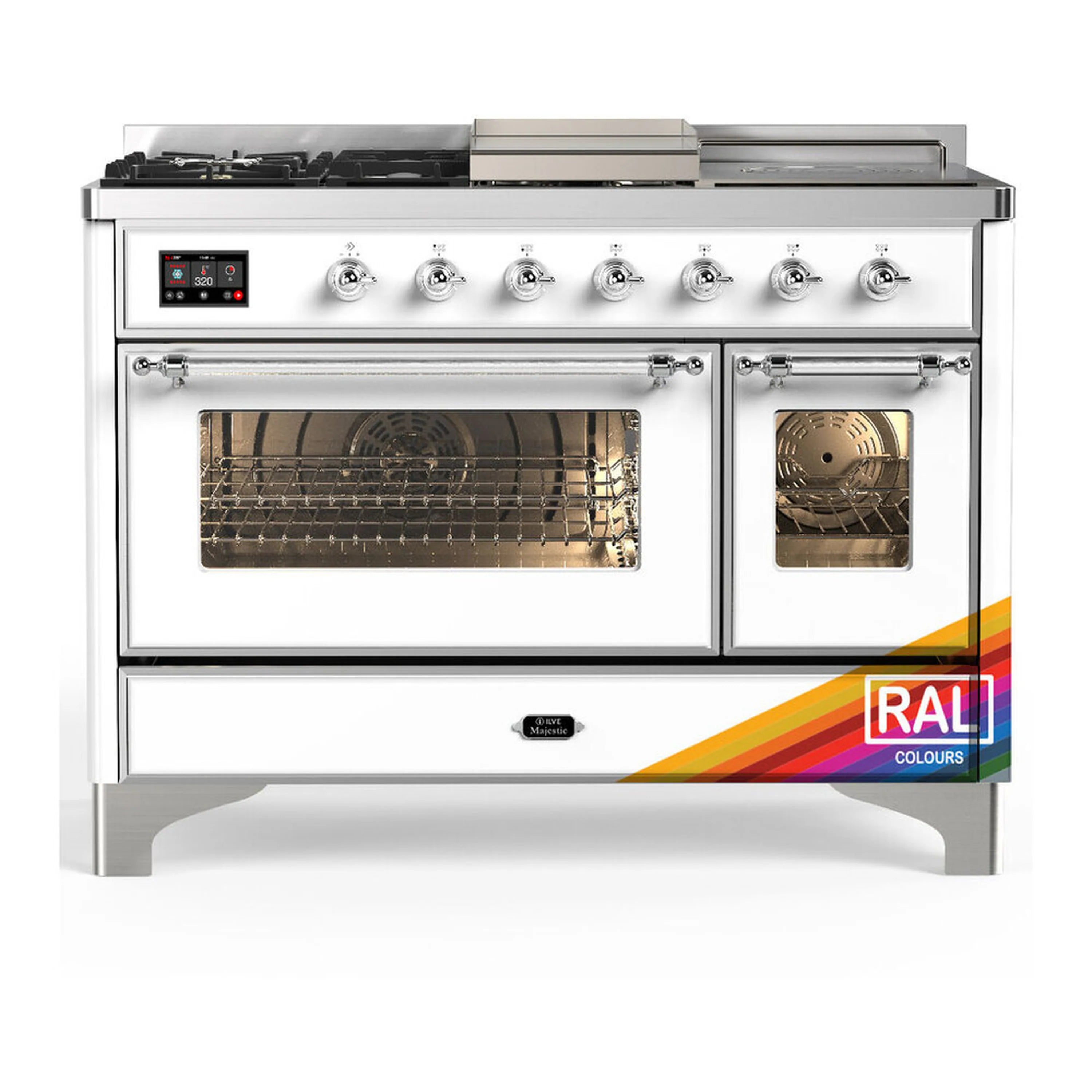 Dual fuel range with double oven doors and chrome-trim control panel, stainless steel finish