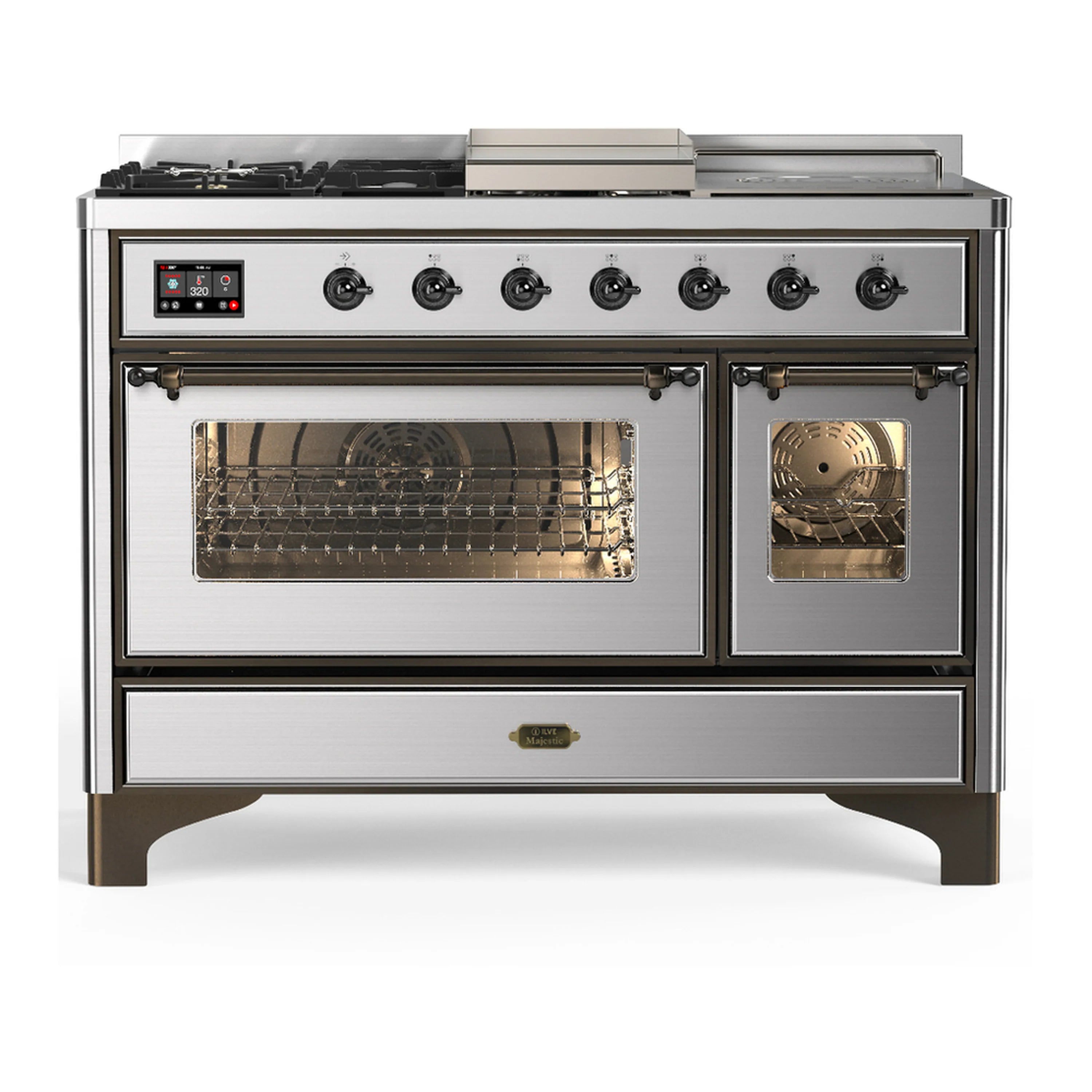 Stainless steel dual fuel range with triple glass oven doors and control knobs, French top