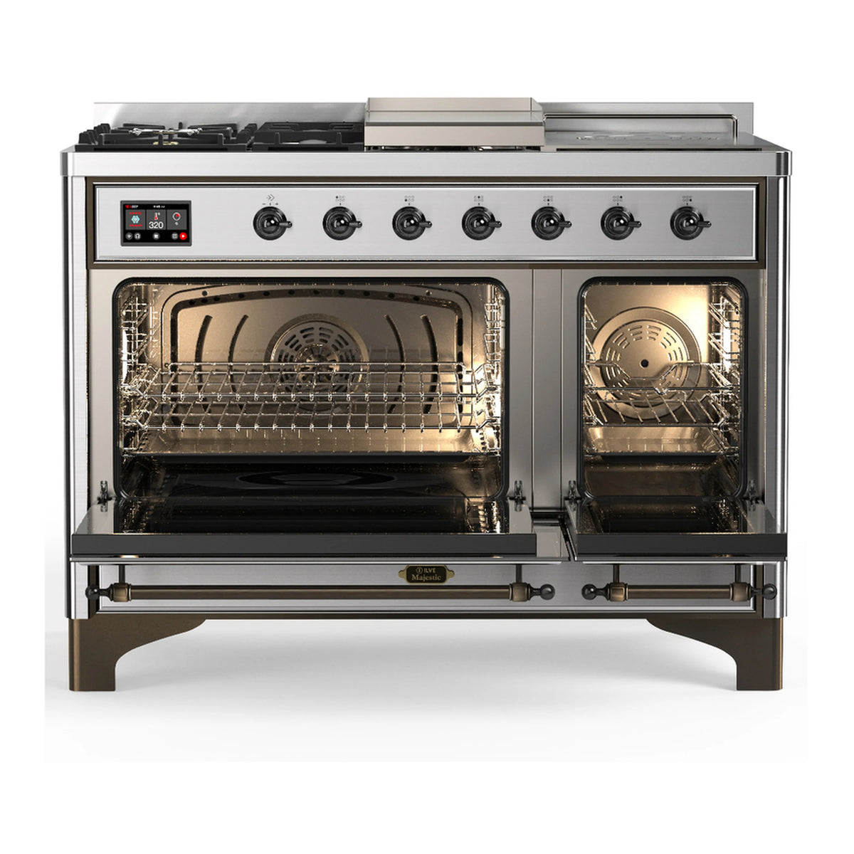 Stainless steel dual fuel range with oven doors open, racks and heated interiors visible