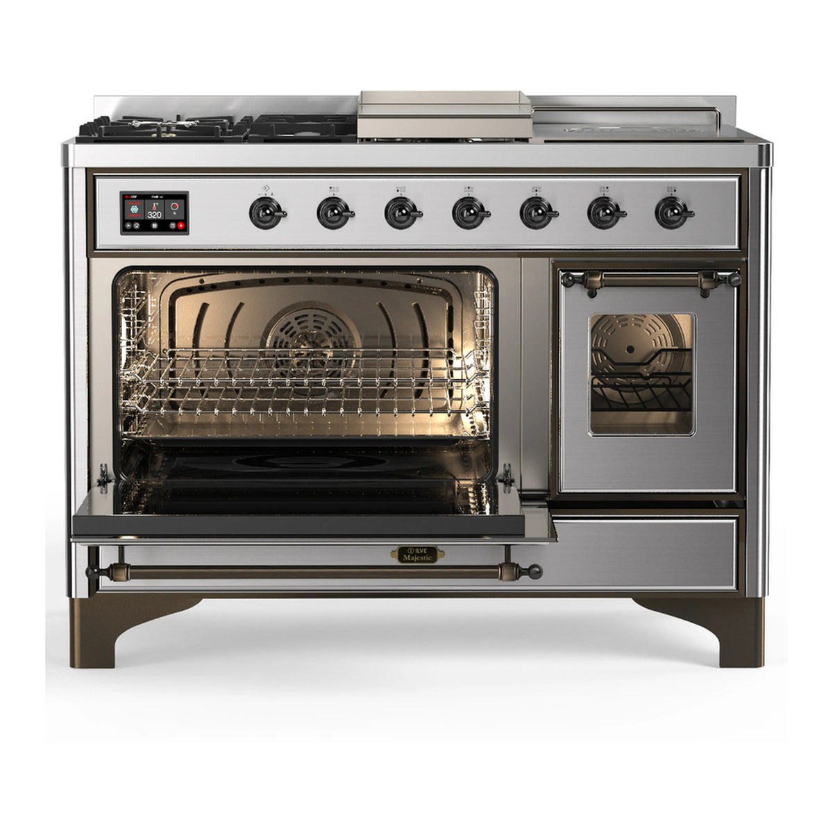 Stainless steel dual fuel range with single oven door open and interior bake racks visible