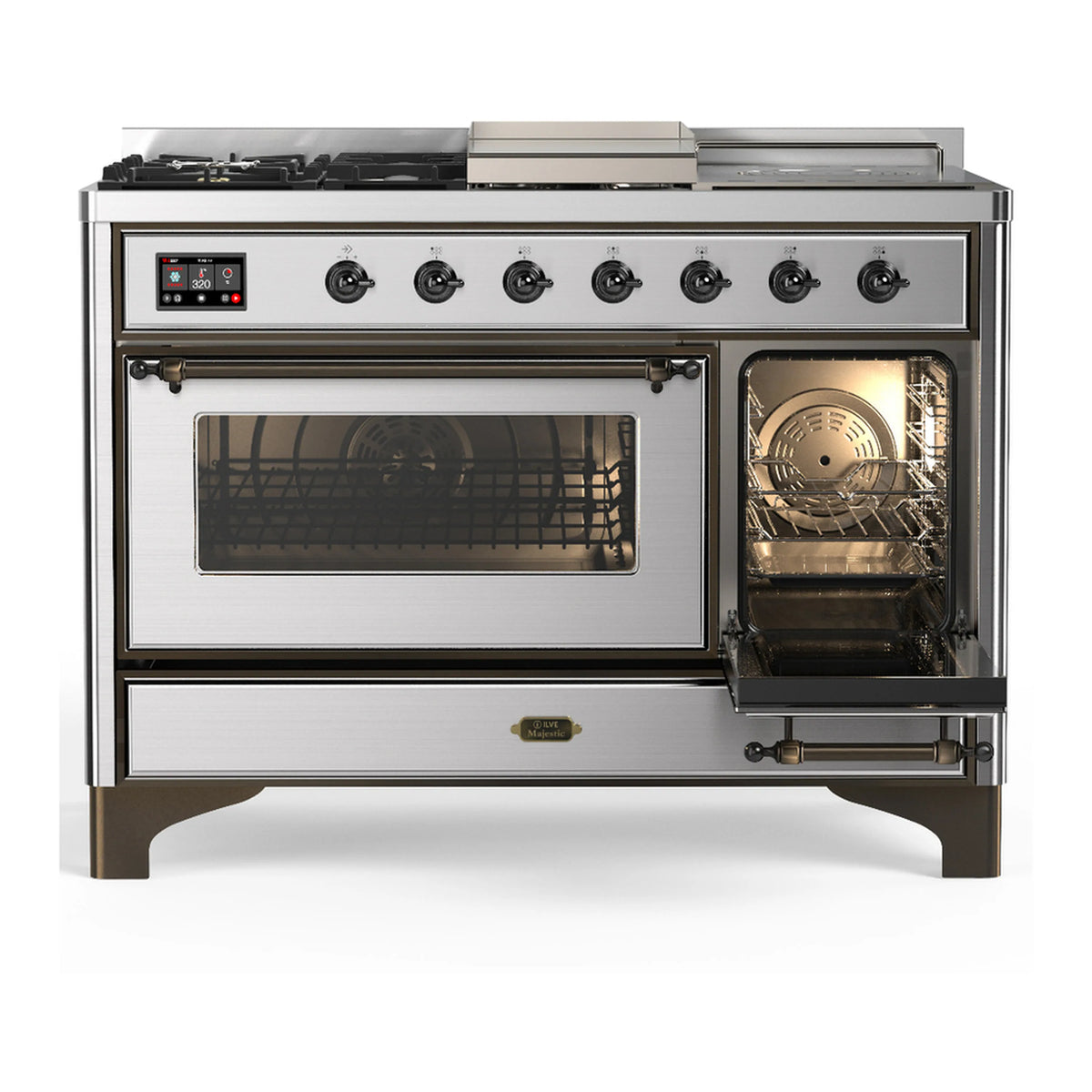 Stainless steel dual fuel range with left oven open and right oven door partly open