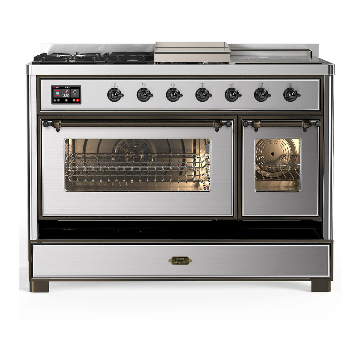Stainless steel dual fuel range with control panel and oven doors, lower drawer closed