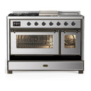 ILVE Majestic III 48-inch Dual Fuel Range with 5 Liquid Propane Burner, Griddle, French Top and Triple Glass Door Electric Oven in Stainless Steel with Burnished Trim (UM48FSNR3SSBLP)