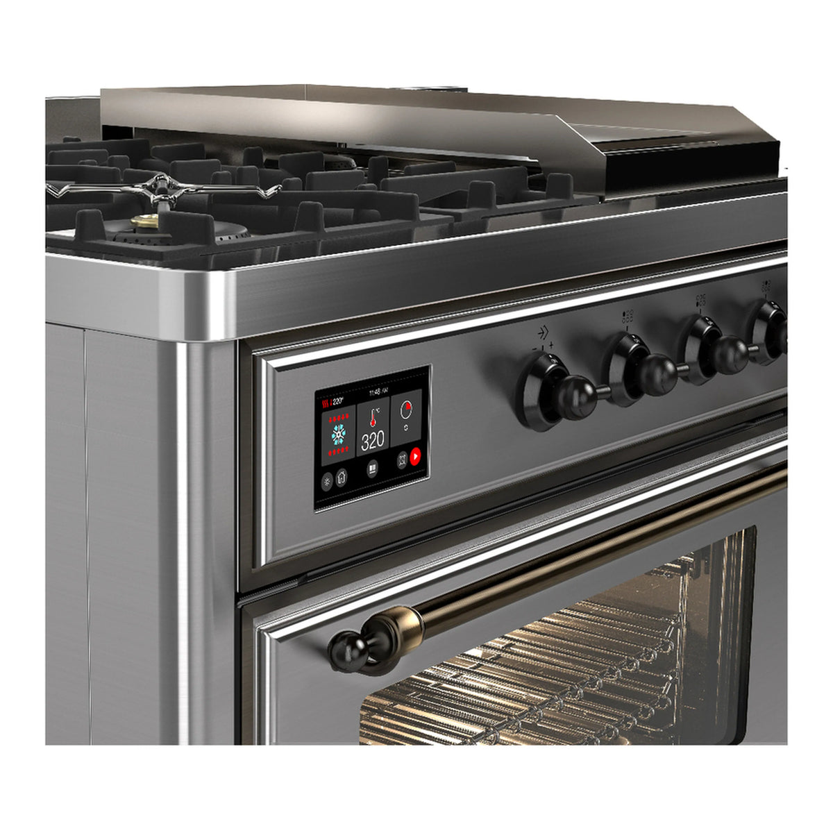 Stainless steel dual fuel range front controls and open oven cavity with wire racks