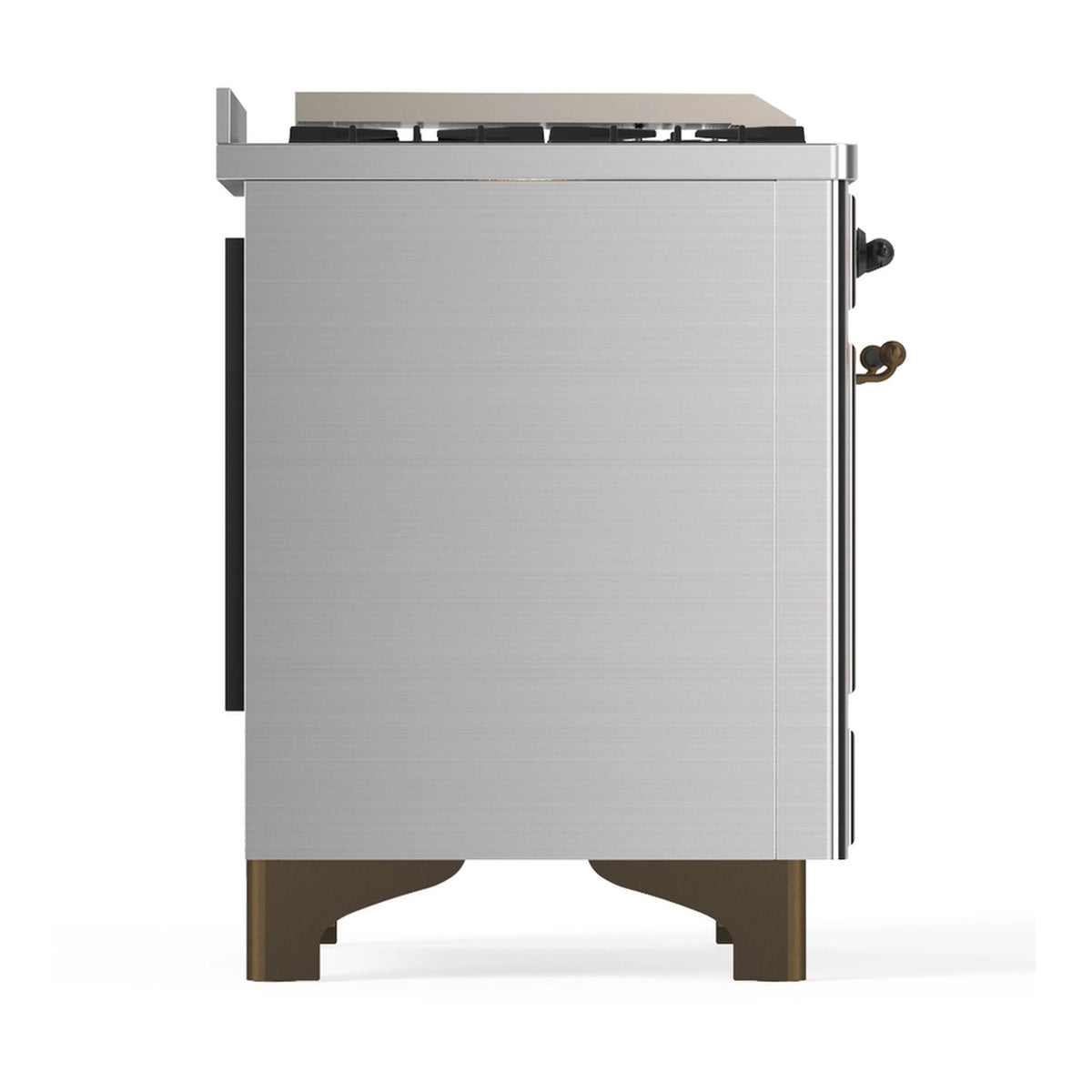 Stainless steel side panel of dual fuel range with hinged access door and black trim