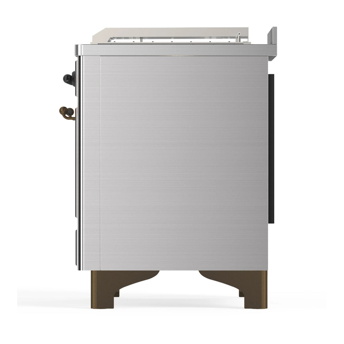Stainless steel side panel of dual fuel range with access door, hinges, and brushed finish