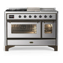 ILVE Majestic III 48-inch Dual Fuel Range with 5 Liquid Propane Burner, Griddle, French Top and Triple Glass Door Electric Oven in Stainless Steel with Burnished Trim (UM48FSNR3SSBLP)
