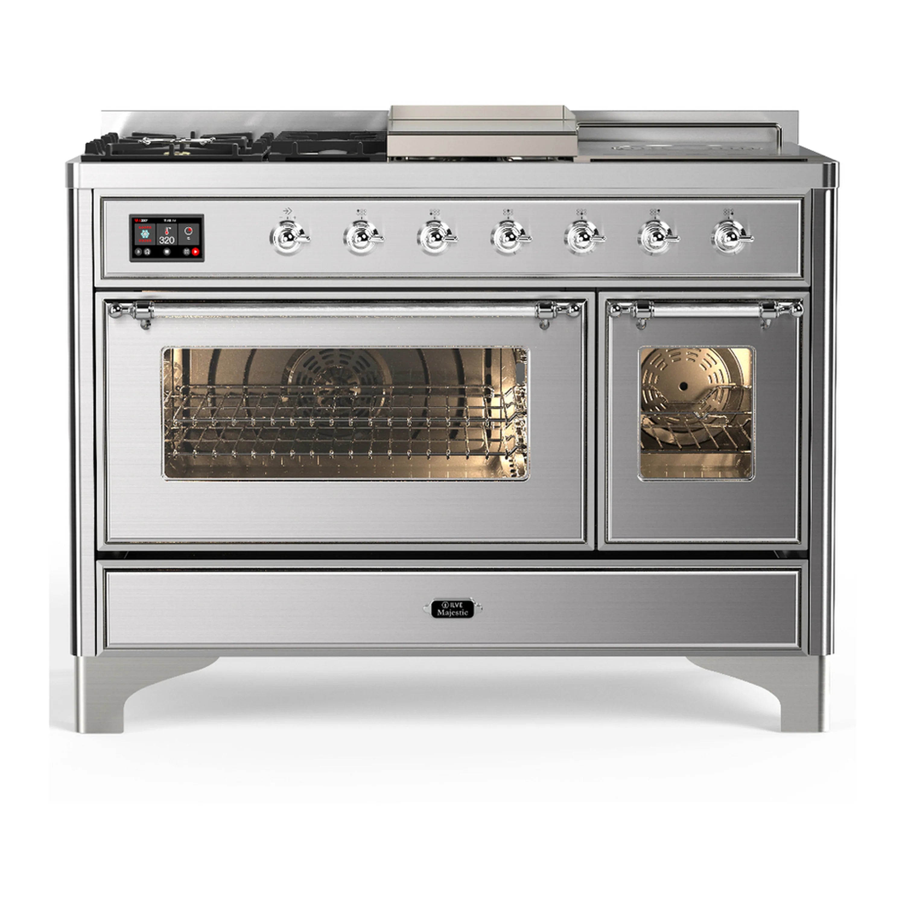 Stainless steel dual fuel range with two glass oven doors and chrome control knobs