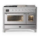 ILVE Majestic III 48-inch Dual Fuel Range with 5 Natural Gas Burner, Griddle, French Top and Triple Glass Door Electric Oven in Stainless Steel with Chrome Trim (UM48FSNR3SSC)
