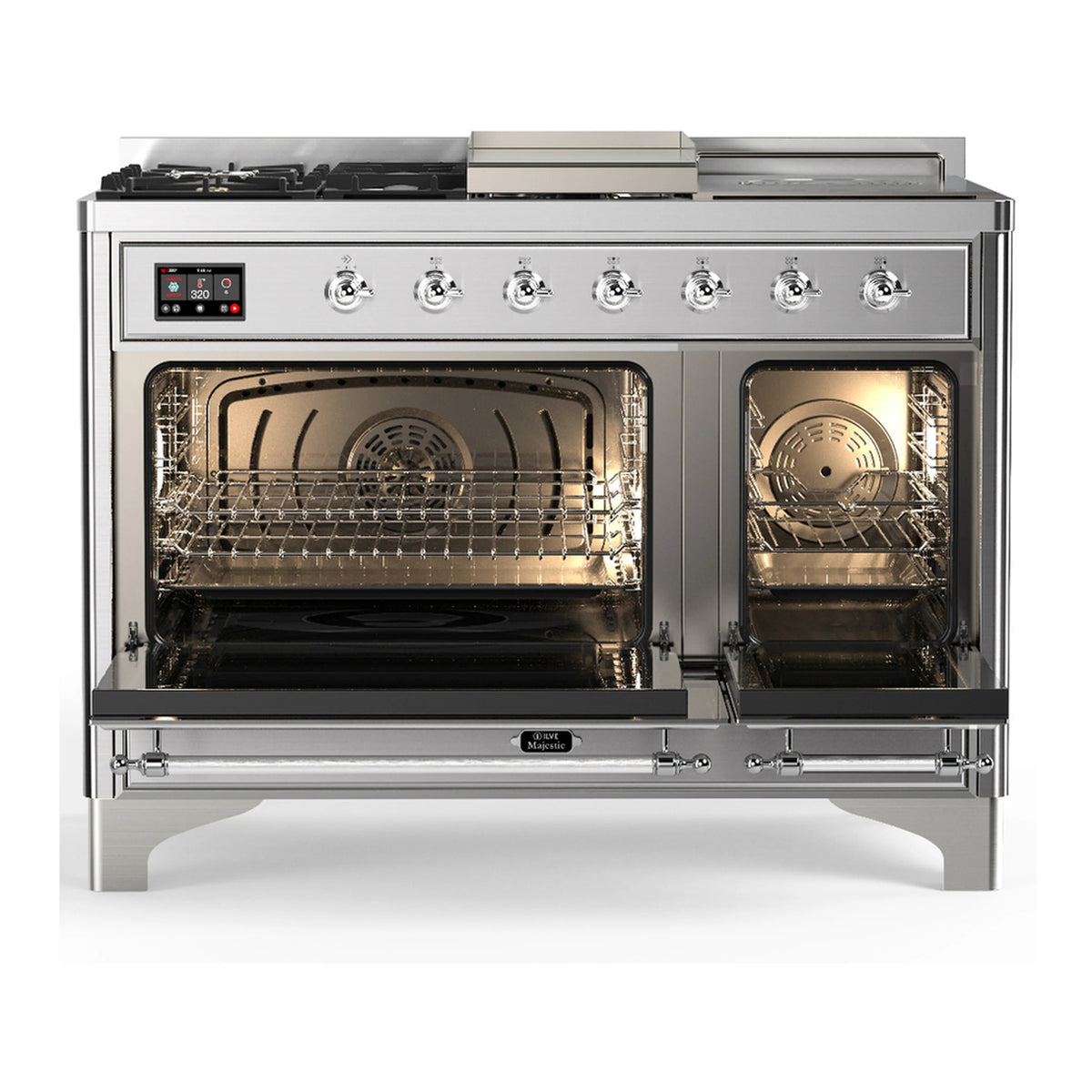 Stainless steel dual fuel range with both oven doors open and wire racks inside