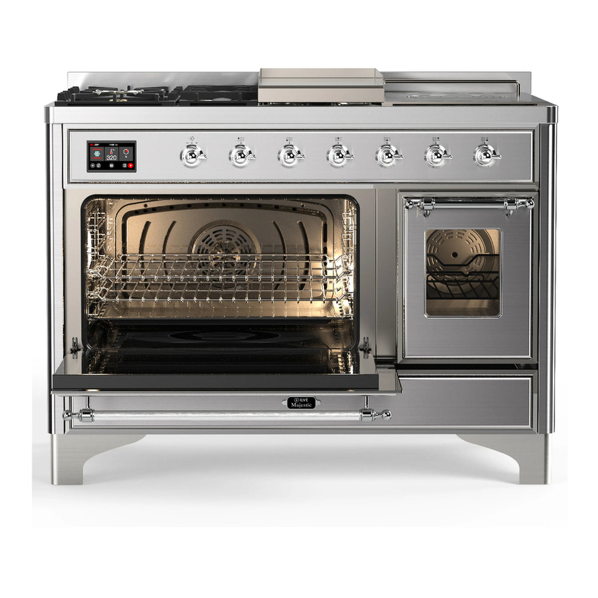 Stainless steel dual fuel range with illuminated oven interiors and baking racks