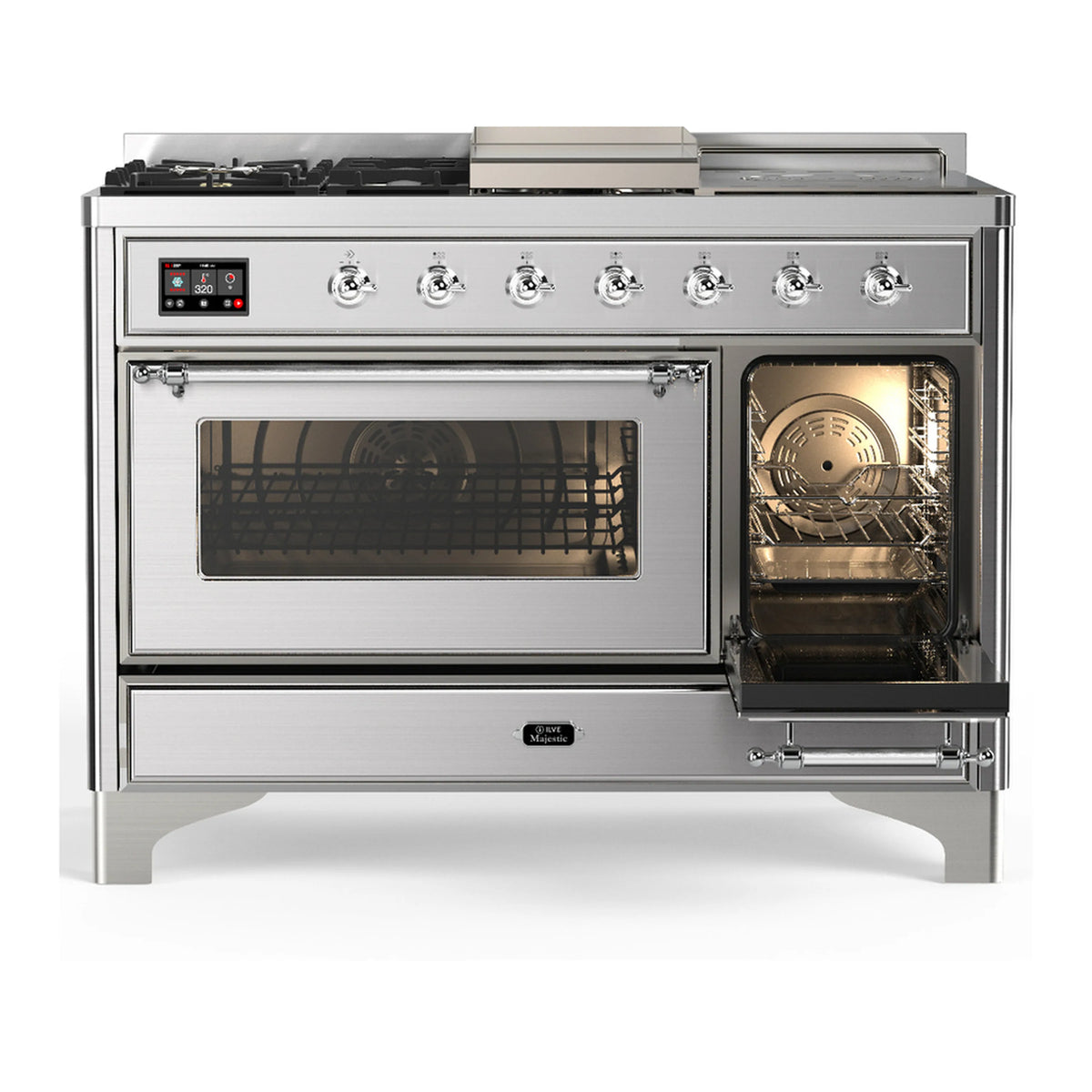 Stainless steel dual fuel range with large glass oven door and open side oven window