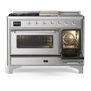 ILVE Majestic III 48-inch Dual Fuel Range with 5 Natural Gas Burner, Griddle, French Top and Triple Glass Door Electric Oven in Stainless Steel with Chrome Trim (UM48FSNR3SSC)