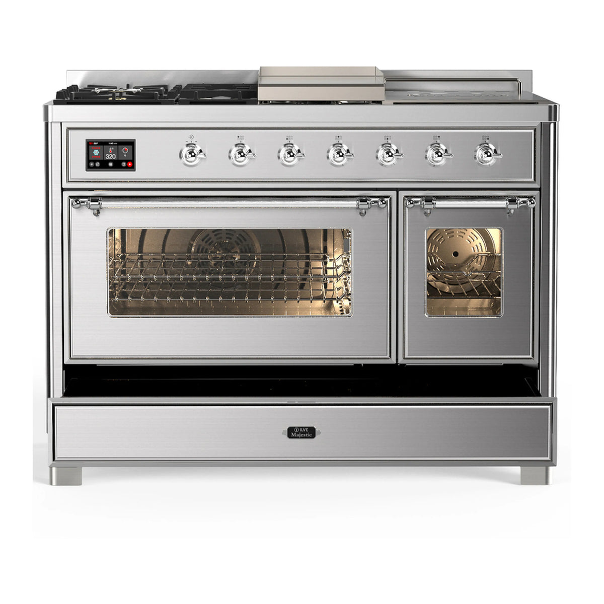 Stainless steel dual fuel range with glass oven door and lower storage drawer panel