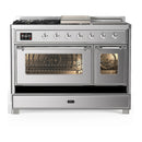 ILVE Majestic III 48-inch Dual Fuel Range with 5 Natural Gas Burner, Griddle, French Top and Triple Glass Door Electric Oven in Stainless Steel with Chrome Trim (UM48FSNR3SSC)