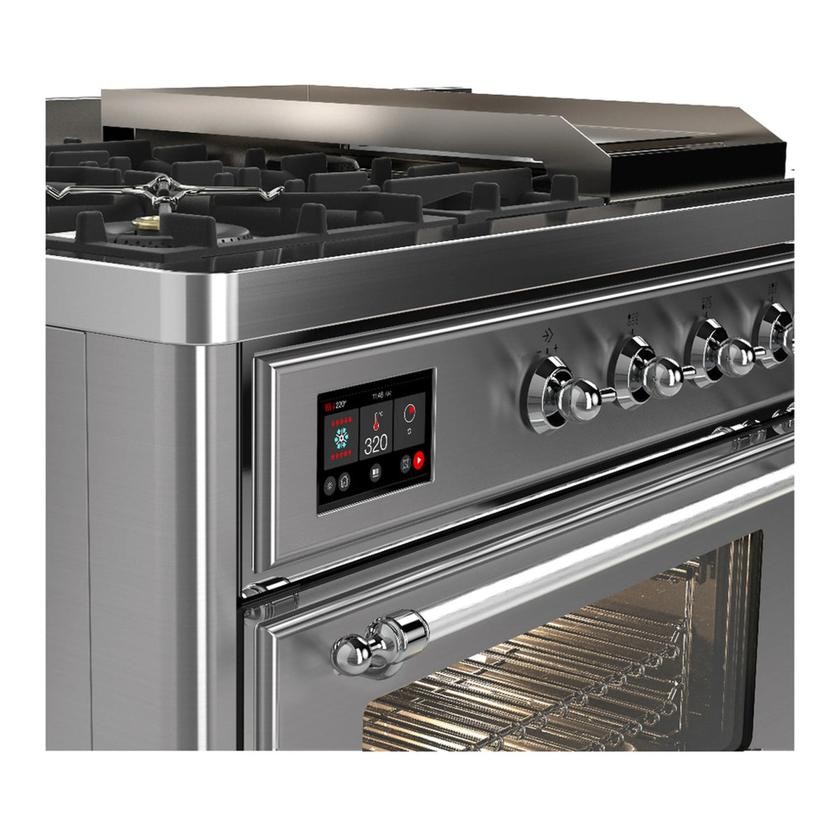 Stainless steel dual fuel range control panel with display and side burner knobs