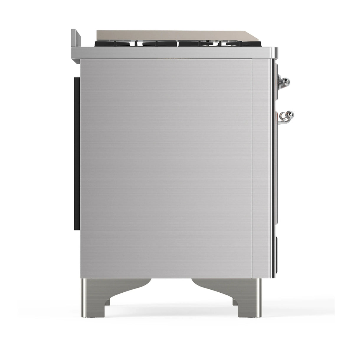 Stainless steel dual fuel range side panel with recessed handle and smooth front