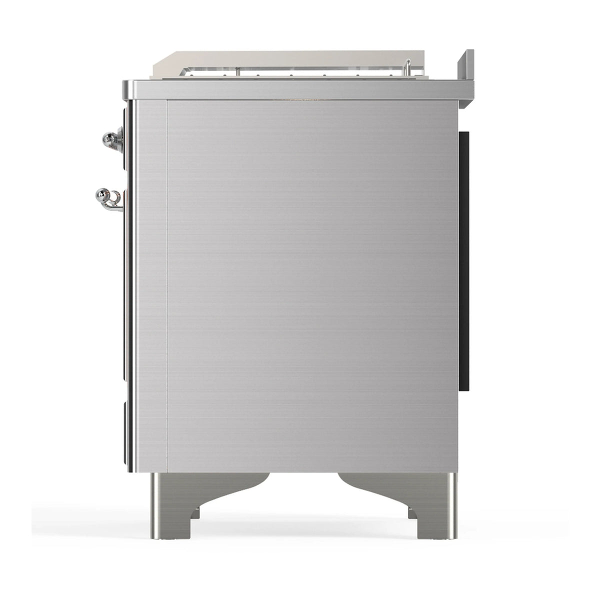 Stainless steel dual fuel range side panel with handle and tall cabinet door