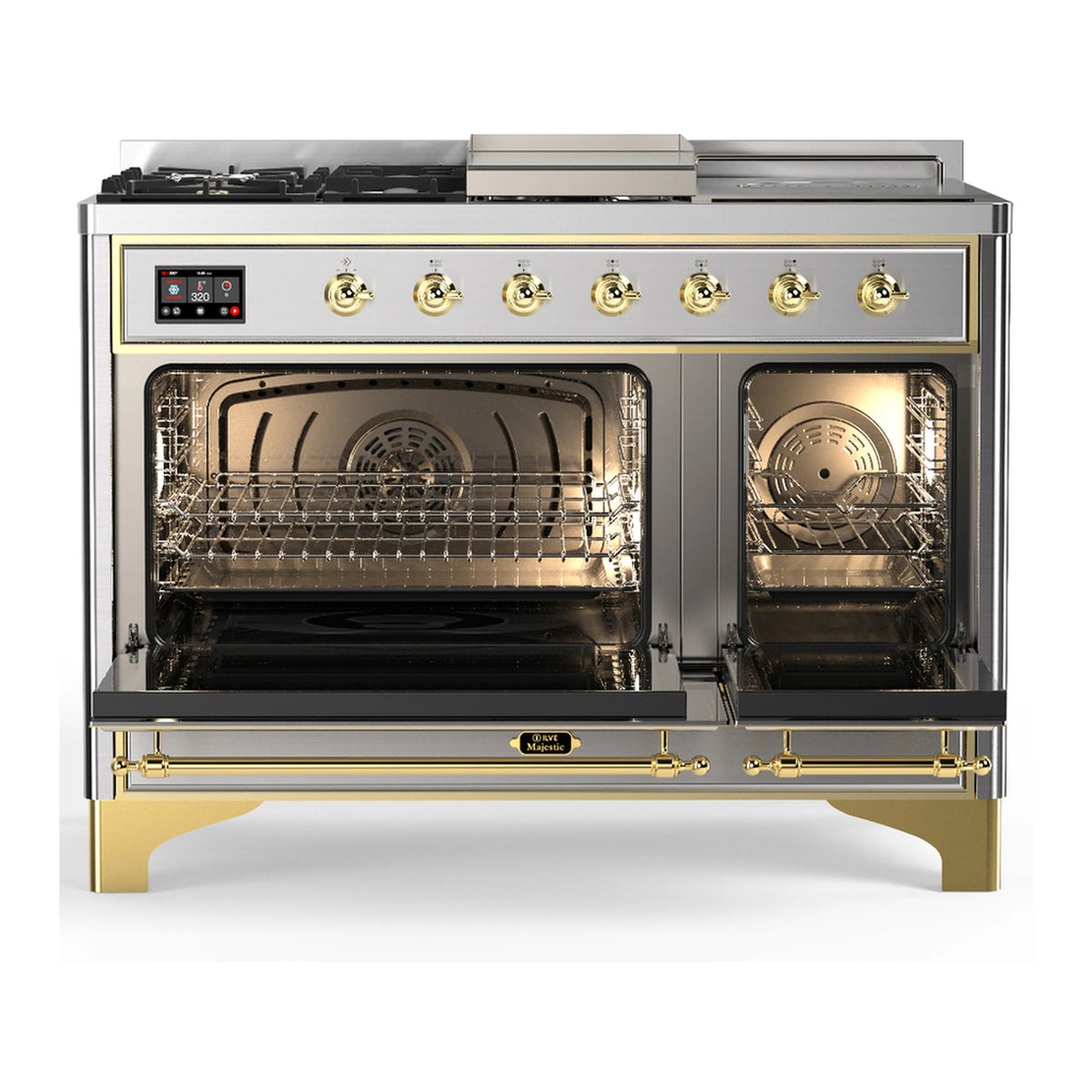 Stainless steel dual fuel range with brass trim, triple-glass electric ovens open