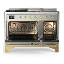 ILVE Majestic III 48-inch Dual Fuel Range with 5 Natural Gas Burner, Griddle, French Top and Triple Glass Door Electric Oven in Stainless Steel with Brass Trim (UM48FSNR3SSG)