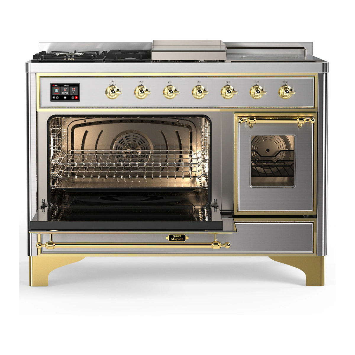 Stainless steel dual fuel range with brass trim, oven doors closed and right door window