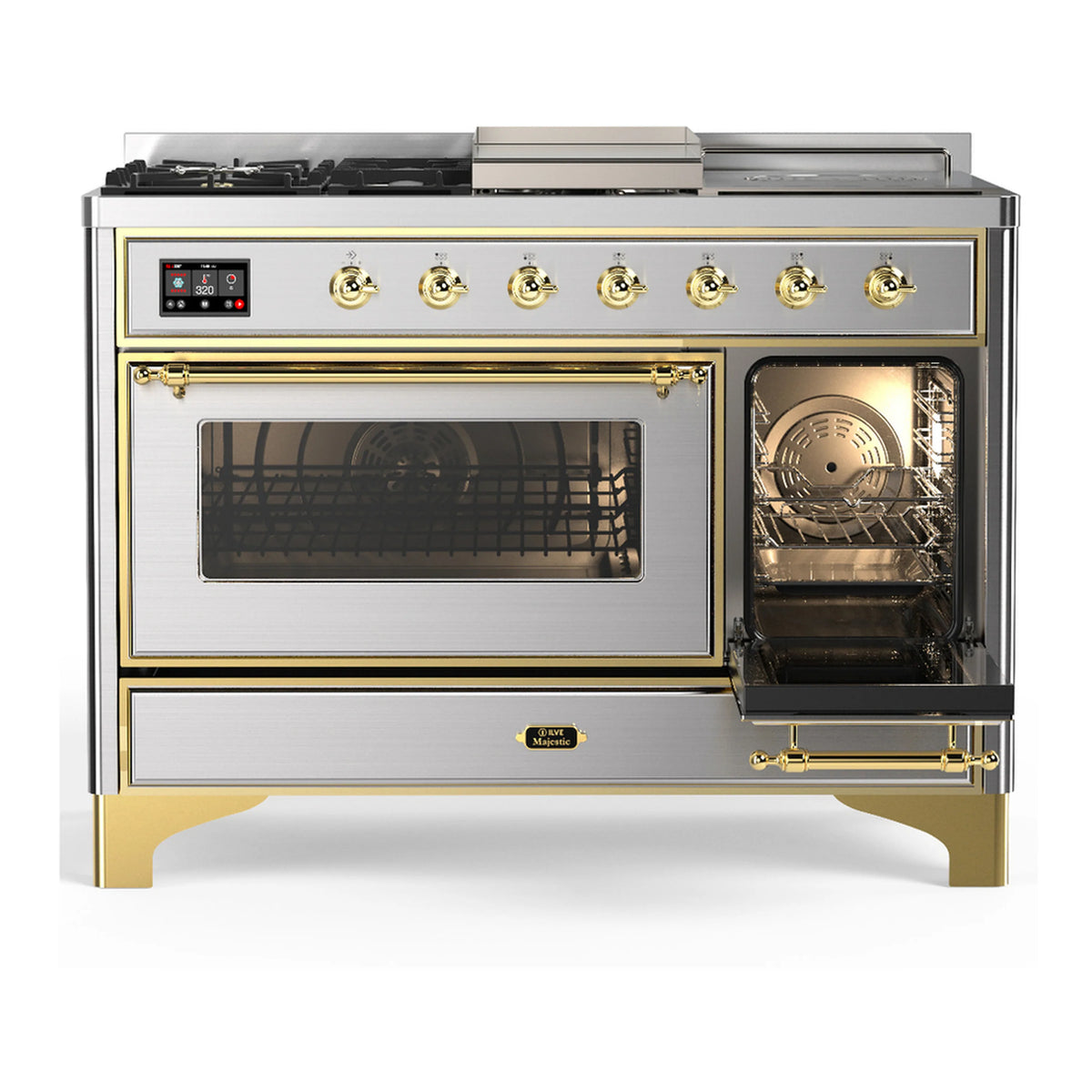 Stainless steel dual fuel range with brass trim, left oven door open and display panel