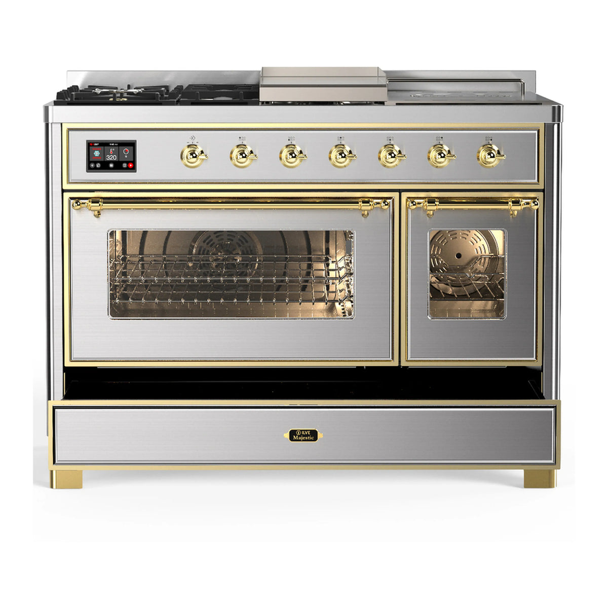 Stainless steel dual fuel range with brass trim, both ovens doors open, control panel left