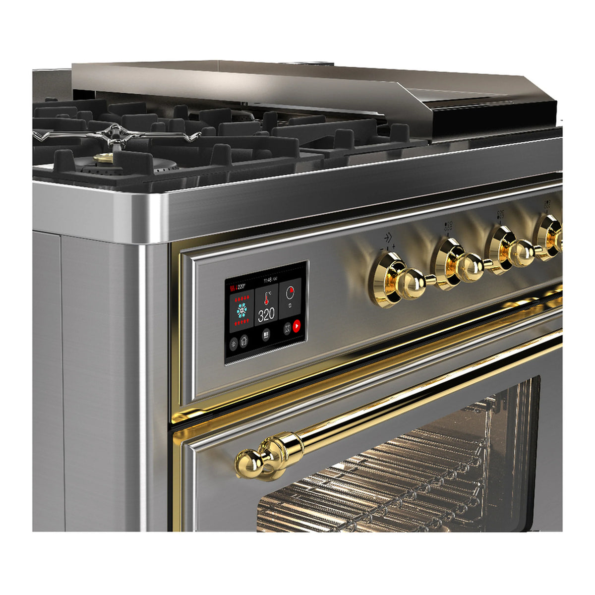 Stainless steel range control console with brass knobs and oven door window