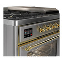 ILVE Majestic III 48-inch Dual Fuel Range with 5 Natural Gas Burner, Griddle, French Top and Triple Glass Door Electric Oven in Stainless Steel with Brass Trim (UM48FSNR3SSG)