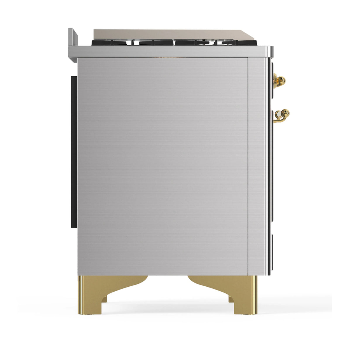 Stainless steel dual fuel range side panel with brass trim legs and hinges