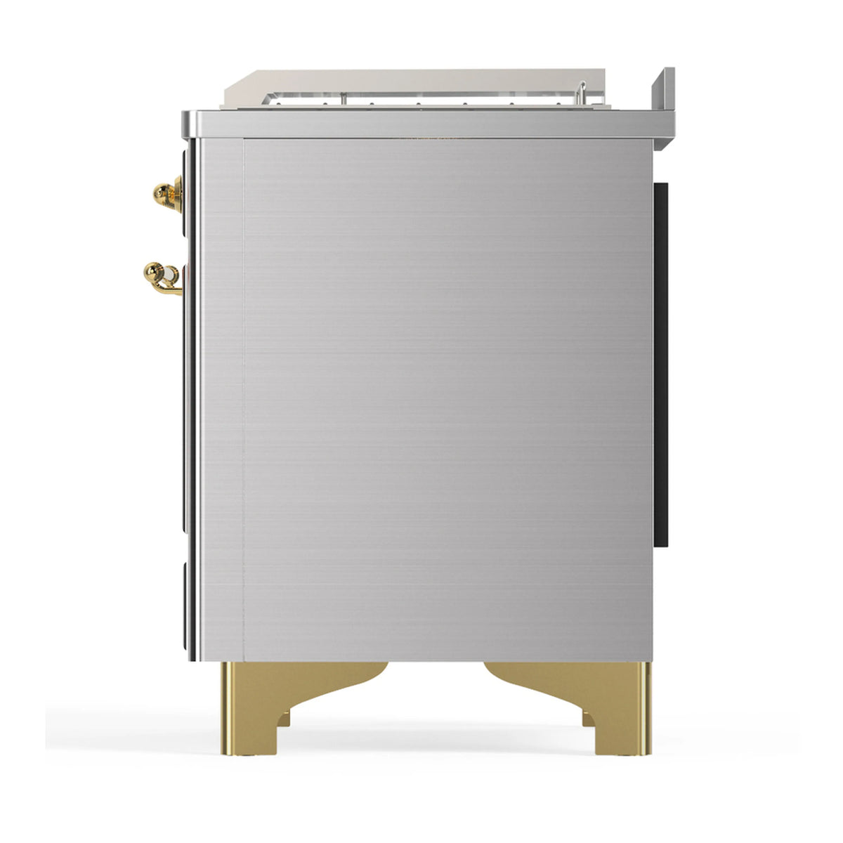 Stainless steel dual fuel range back panel side view with brass-trimmed legs